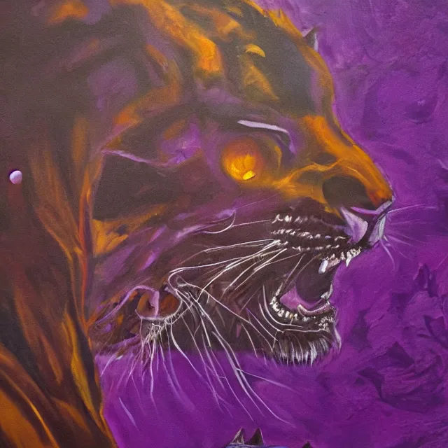 Image similar to closeup of a purple panther roaring at the moon in the forest. night. large moon in the center. cinematic. oil painting. concept art