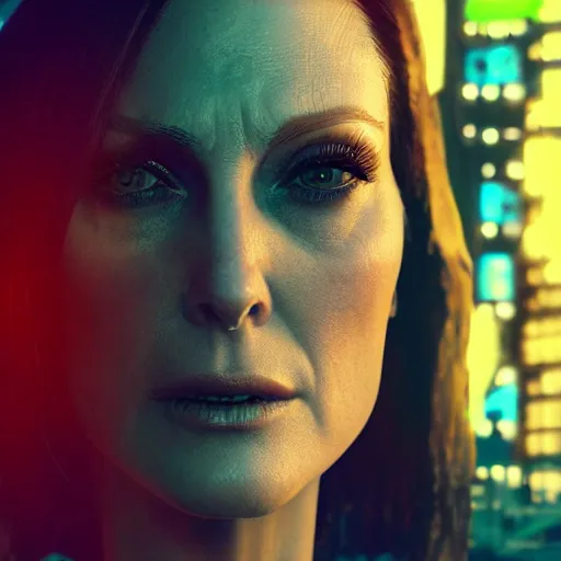 Image similar to julianne moore portrait, cyberpunk 2 0 7 7, cyberpunk judy alvarez, photorealistic, ultra detailed, neon, octane, bokeh, cinematic lighting, cyber, cyberpunk city, studio quality, feature, scars, cyberface, 8 k