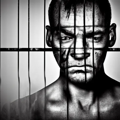 Image similar to sad prisoner using and ipad, prison cell, photorealistic, frustrated expression, dark, hopeless, gloomy