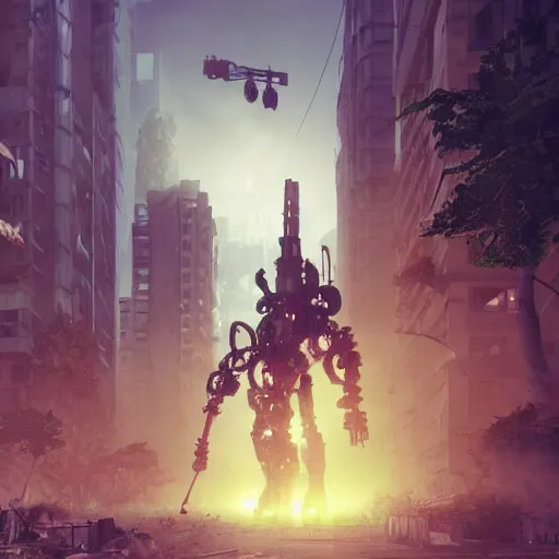 Prompt: six feet tall mech fighting in an urban environment, by gaudi, by ismail inceoglu, octane render, by weta digital, cinematic lighting, bump mapped, lumen reflections, ambient occlusion, action scene screenshot, epic scale, trending on artstation