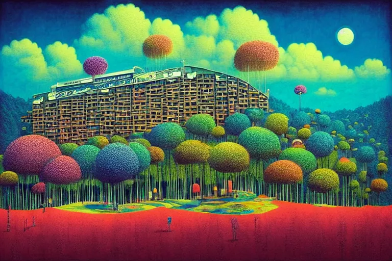 Prompt: surreal glimpse into other universe, hotel genting highland, summer morning, very coherent and colorful high contrast, art by!!!! gediminas pranckevicius!!!!, geof darrow, floralpunk screen printing woodblock, dark shadows, hard lighting, stipple brush technique,