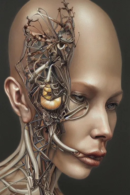 Image similar to beautiful portrait of biomechanical being by marco mazzoni, vanessa beecrof, remnev andrey, detailed, realistic skin color