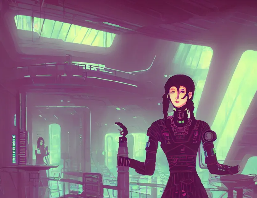 Image similar to aztec scifi barista in a cloud forest cafe, wearing a lovely dress with cyberpunk elements. this oil painting by the award - winning mangaka has an interesting color scheme and impeccable lighting.