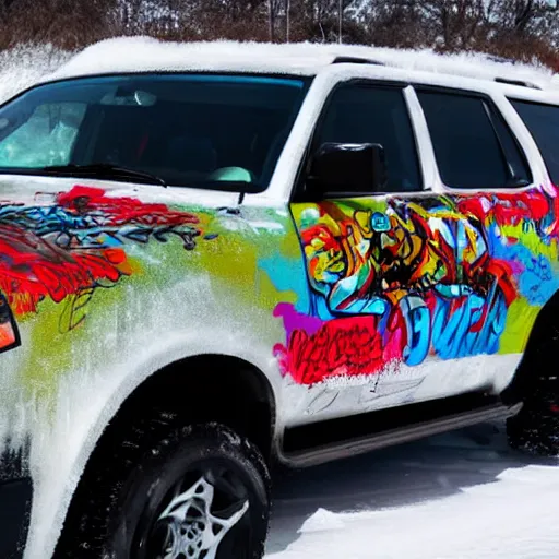 Image similar to graffiti of a polar bear driving an suv on ice