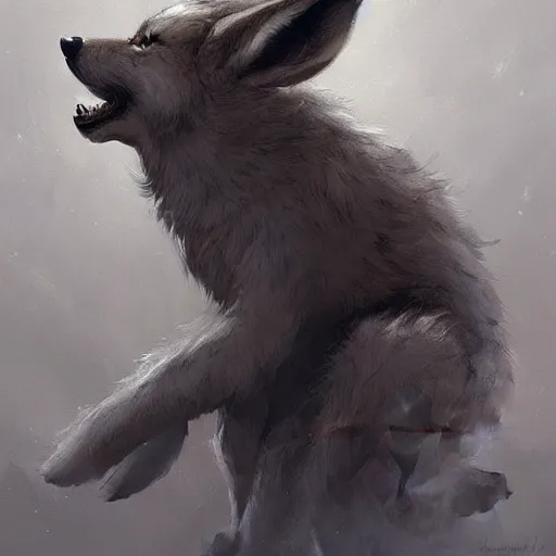 Image similar to A beautiful painting of an anthropomorphic wolf and rabbit hugging, artstation trending, greg rutkowski