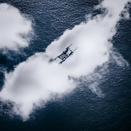 Prompt: birds - eye view of a flying battleship surrounded by clouds.