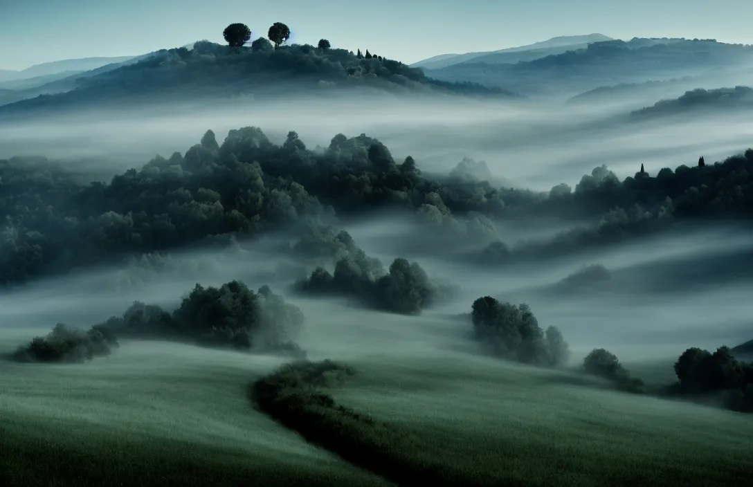 Image similar to umbrian hills dissolving into mist under a limpid blue sky result is a sophisticated interplay between warm, cool, light and dark colors. rockery intact flawless ambrotype from 4 k criterion collection remastered cinematography gory horror film, ominous lighting, evil theme wow photo realistic postprocessing by jan urschel directed by kurosawa