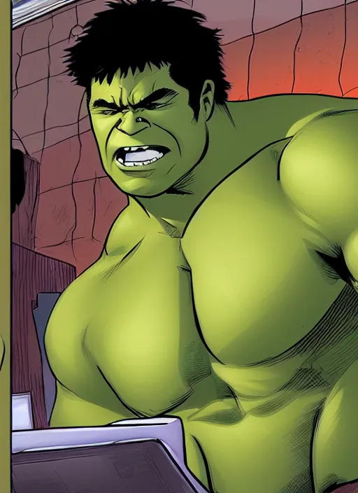 Prompt: Hulk trying to learn how to type on a computer, frustrated, vertigo comic panel, detailed, trending on artstation,