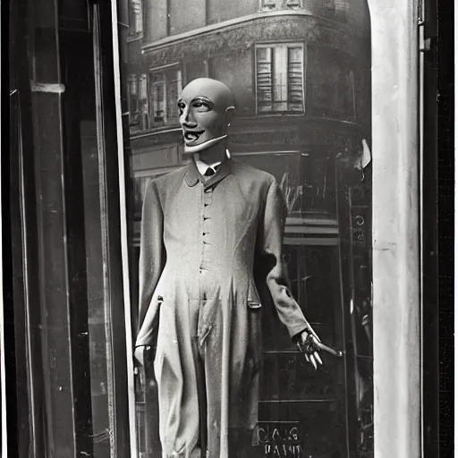 Image similar to 1 9 1 0 paris store window, manikin, suit, wax head, photograph, style of atget, old, creepy, smiling