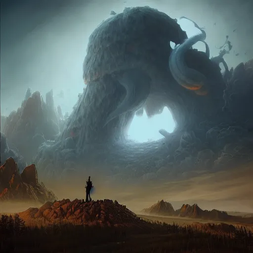 Image similar to a digital painting of a gigantic big enormous humanoid monster standing in the sky, concept art by simon stalenhag and peter mohrbacher cgsociety, vanitas, ominous, lovecraftian, speedpainting, apocalypse art. mist. hyper - realistic. photo realistic. octane render. intricate detailed masterpiece. extreme wide shot. realistic shaded dynamic lighting