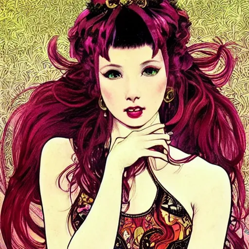 Prompt: a beautiful dancer with red hair in 1970's fashion, in disco room, intricate, highly detailed, digital painting, artstation, official media, anime key visual, concept art, rich vivid colors, ambient lighting, sharp focus, illustration, art by Ayami Kojima and alphonse mucha