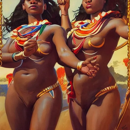 Image similar to : Zulu goddesses holding hands, fanart + digital art + art by J.C. LEYENDECKER + 4K UHD IMAGE + STUNNING QUALITY