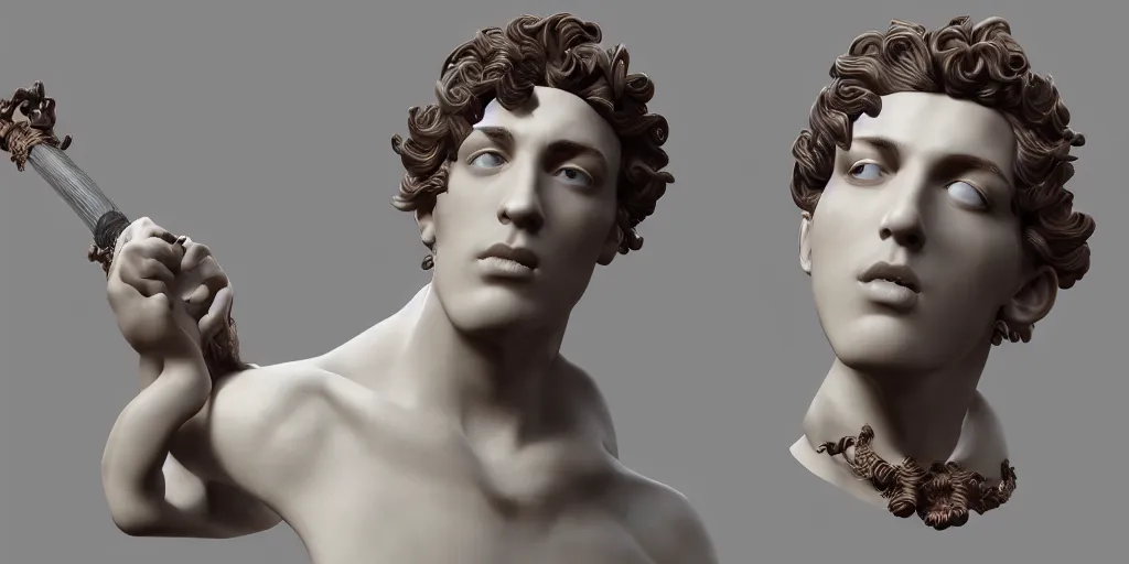 Prompt: a perfect porcelain Baroque style bust of handsome young Spanish man with pipe cleaners coming out of the neck, photorealism, octane render, depth of field, 8k, 35mm, artgem, Trending on artstation