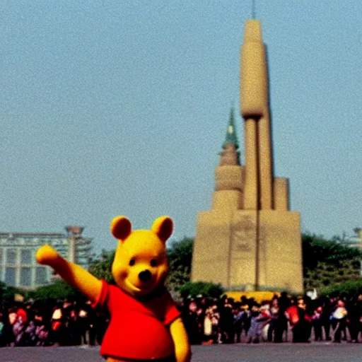 Prompt: grainy photo of winnie the pooh in tiananmen square, tanks