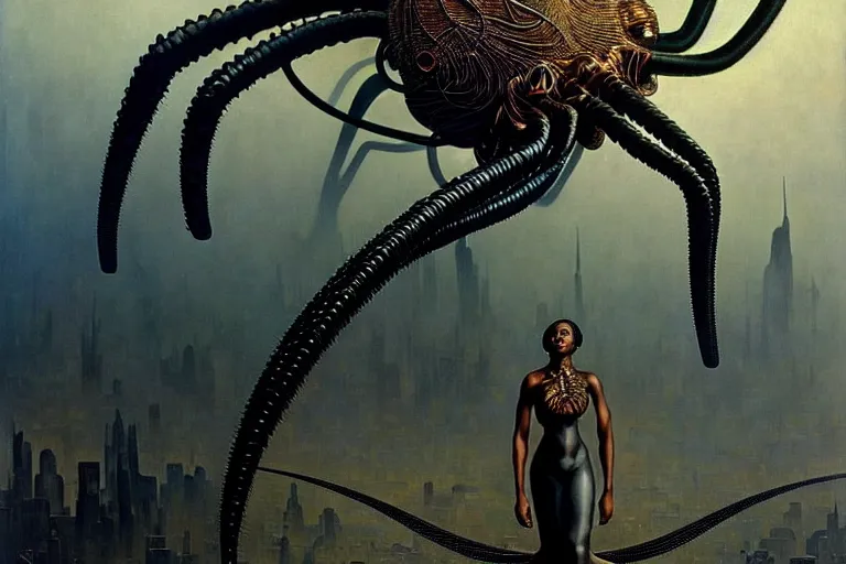 Image similar to realistic detailed portrait movie shot of a beautiful black woman riding a giant spider, dystopian city landscape background by denis villeneuve, amano, yves tanguy, alphonse mucha, max ernst, ernst haeckel, kehinde wiley, caravaggio, jean delville, edward robert hughes, roger dean, cyber necklace, rich moody colours, sci fi patterns, dramatic, wide angle