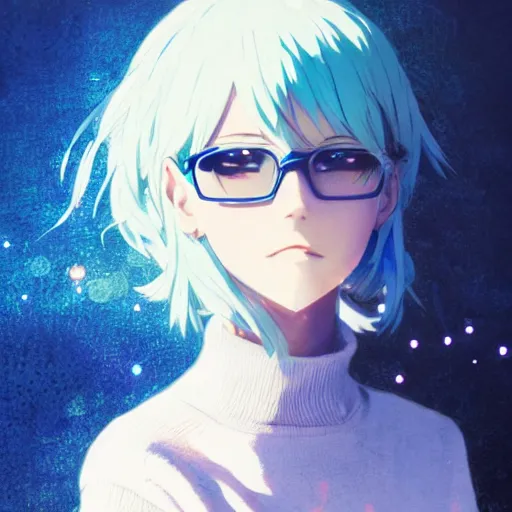 Prompt: anime cute girl in blue sweater white white hair black glasses blushingkind standing psychedelic background by greg rutkowski makoto shinkai kyoto animation key art feminine mid shot wlop madhouse, ufotable, comixwave films, trending on artstation