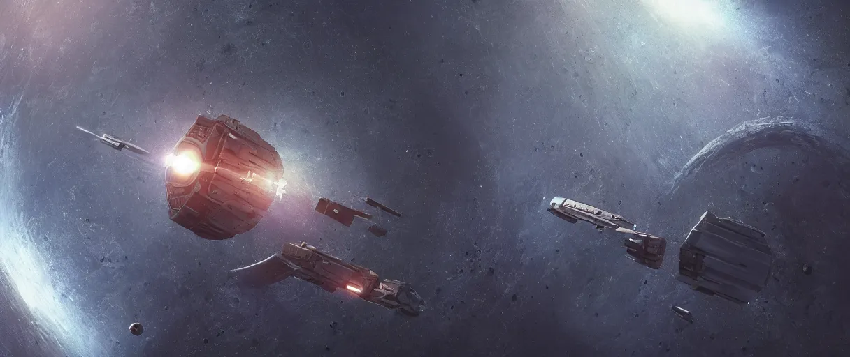 Image similar to illustration, a single small spaceship, deep space exploration, alone, the expanse tv series, industrial design, battlestar galactica tv series (2004), cinematic lighting, 4k, greebles, widescreen, wide angle, sharp and blocky shapes, extraterrestrial paradise, hyper realistic, hubble photography, wakfu palette, beksinski