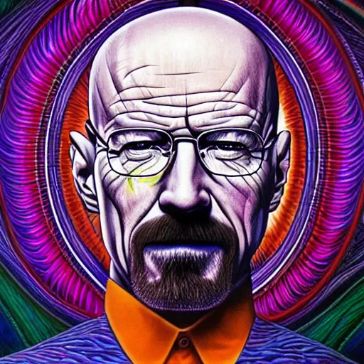 Image similar to psychedelic portrait of walter white painted by alex grey, tool album cover art