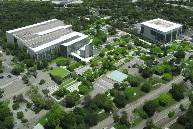 Prompt: aerial view, exterior suburban office headquarters, class A, green space, water feature