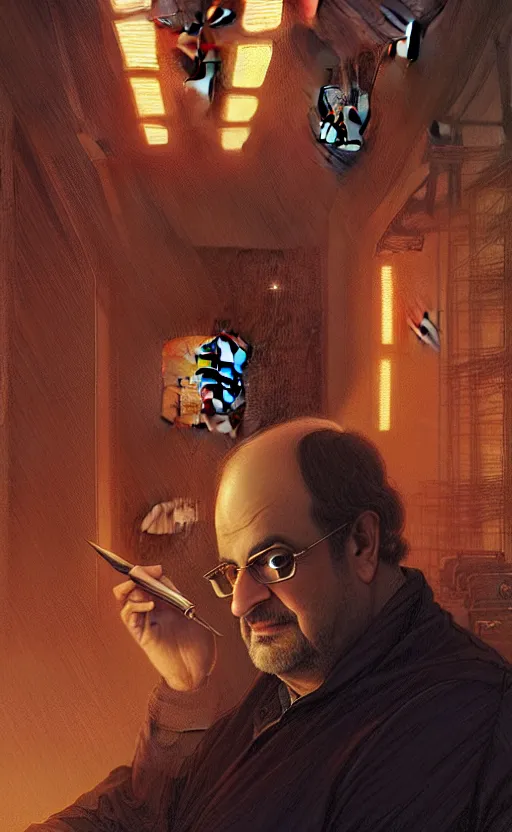 Image similar to portrait of salman rushdie writing in the dark, deep focus, blade runner 2 0 4 9, fantasy, intricate, elegant, highly detailed, digital painting, artstation, concept art, matte, sharp focus, illustration, art by artgerm and greg rutkowski and alphonse mucha