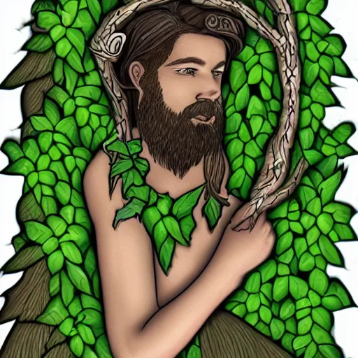 Image similar to male firblog druid with vines as hair flower in his hair detailed drawing