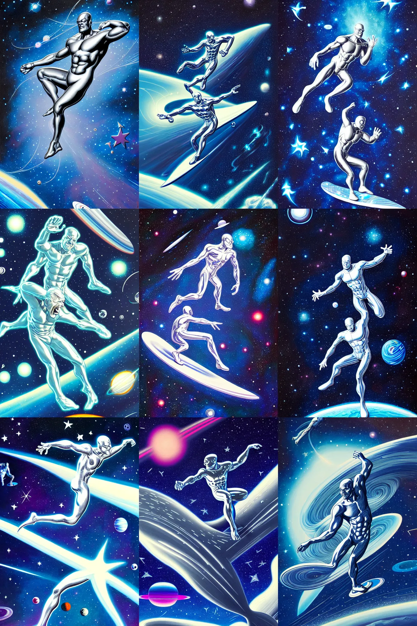 Prompt: close up of the silver surfer in space surfing in space, with many stars in the background, painting by james jean, very detailed, ornamental, backlight, atmospheric, trending on artstation, behance contest winner