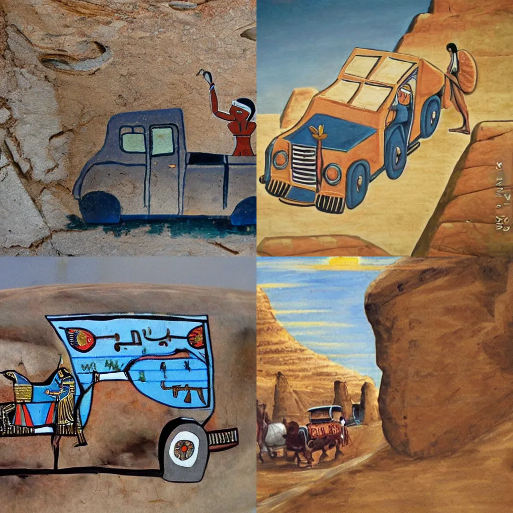 Image similar to egyptian rides in a car behind the wheel, rock painting in fresco