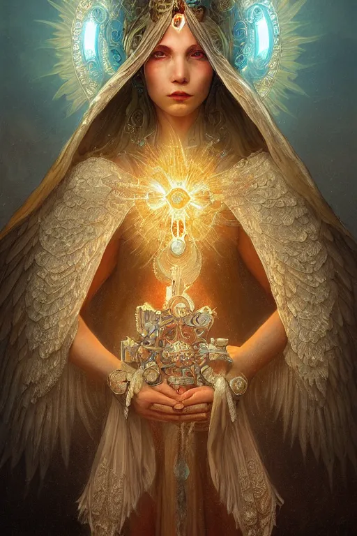 Image similar to A beautiful digital painting of a female Seraphim, intricate jewels, princess, the sun behind her, intricate, cinematic lighting, highly detailed, digital painting, Artstation, concept art, smooth, sharp focus, illustration, art by Tom Bagshaw, Artgerm and Greg Rutkowski