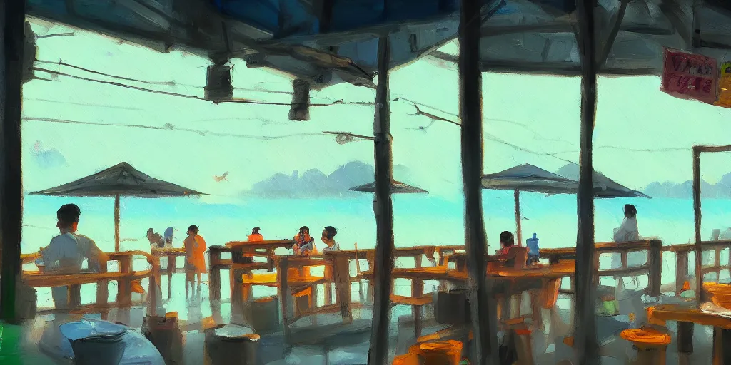 Prompt: interior of a small kopitiam at pulau indah fishing village, near a jetty, early morning, detailed painting, low angle view, telephoto lens, bokeh, studio ghibli, artstation