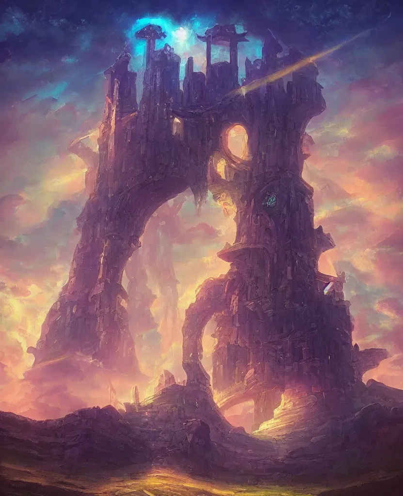 Prompt: “ a painting in the style of magic the gathering of an ancient tower, it is a glowing fortress and has iridescent mana radiating from it into the aether. it is centered. the background is the sky at night. retrofuturistic fantasy ”