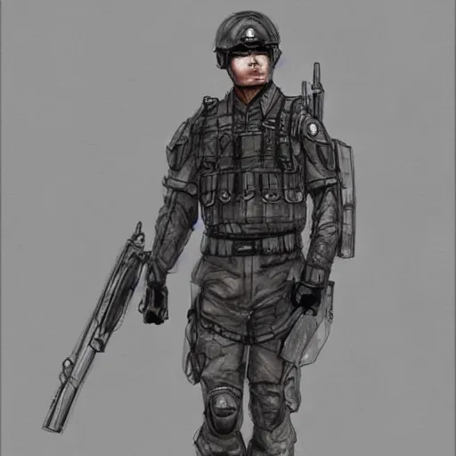 Image similar to a perfect, realistic professional digital sketch of Chinese SWAT soldier in style of Marvel, full length, by pen and watercolor, by a professional French artist on ArtStation, on high-quality paper