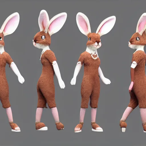 Prompt: beautiful fit female anthropomorphic rabbit wearing dress, full body, furry, ultra realistic, vray, 5 5 mm