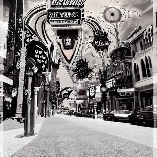 Image similar to gothic style Las Vegas in 1973, psychotic anthropomorphic Elvis chickens roaming the streets and driving Cadillacs, bright light city, high octane, 8k vray render, subsurface scatter, drum scanner, intricate complexity, cinematic quality