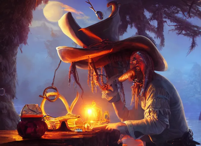 Prompt: a cool looking pirate eating magic mushroom, golden hour, fantasy, sharp focus, digital art, hyper realistic, 4 k, unreal engine, highly detailed, hd, dramatic lighting by brom, trending on artstation