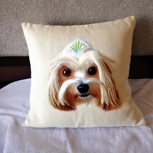 Prompt: maltese terrier embroidered on pillow, photo, realistic