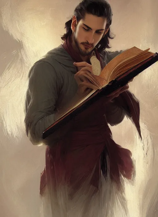 Image similar to character concept portrait of an attractive young seductive Spanish wizard with pale red skin enchanting a arousal spell, a floating iridescent spell book in the center, intricate, elegant, digital painting, concept art, smooth, sharp focus, illustration, from Metal Gear, by Ruan Jia and Mandy Jurgens and William-Adolphe Bouguereau, Artgerm