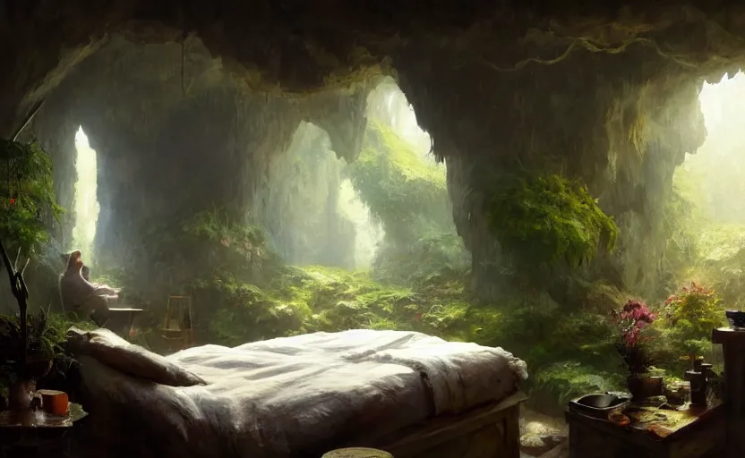 Prompt: painting of an interior of a cozy bedroom in a cave, natural light, fantasy, lush plants and flowers, natural light, concept art, by greg rutkowski and craig mullins, cozy atmospheric and cinematic lighting, trending on artstation