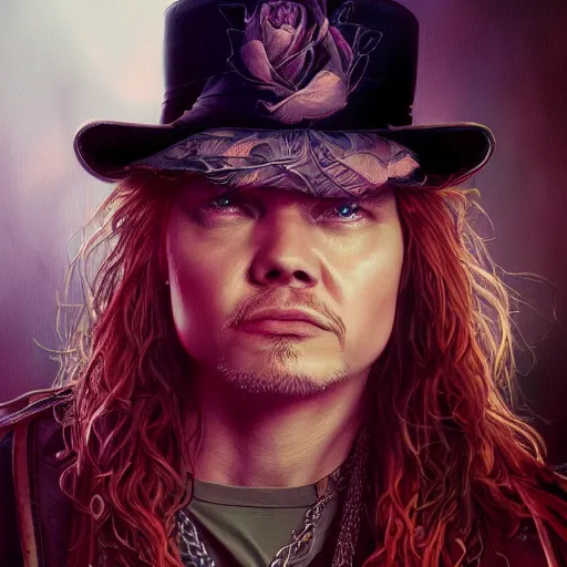 Prompt: axel rose portrait guns n roses, intricate, highly detailed, digital painting, artstation, concept art, smooth, sharp focus, illustration, unreal engine 5, 8 k, art by artgerm and greg rutkowski and alphonse mucha