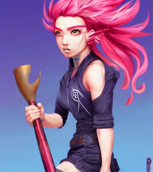 Prompt: ' tomba!'with pink hair, holding a hammer of fire by ross tran, artgerm and wlop