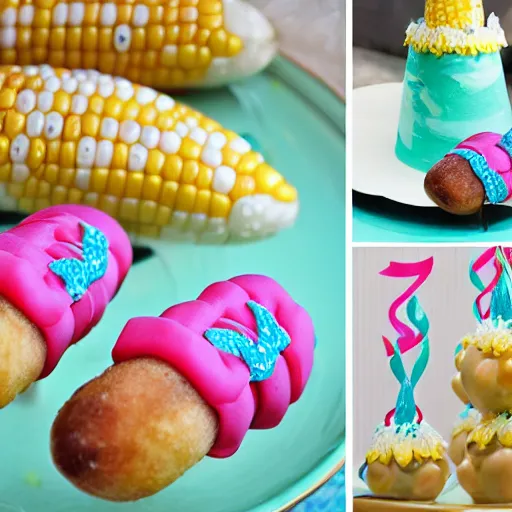 Image similar to corn dogs, mermaid themed birthday cake, food photography,