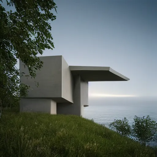 Image similar to futuristic cottage settlement in forest , Alvaro Siza, herzog de meuron, matte painting, high details, 8k