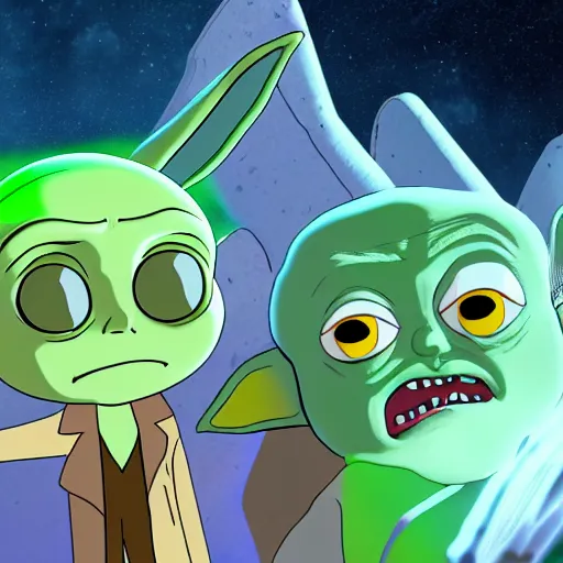 Prompt: Baby Yoda and Rick Sanchez meet in Rick and morty together digital art 4k detailed super realistic