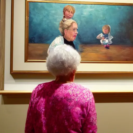 Image similar to old woman staring at a painting of her younger self