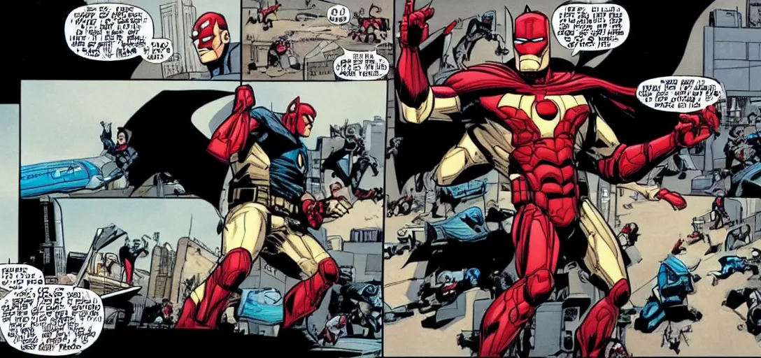 Prompt: comic panel from BATMAN: UNDER THE RED HOOD with Iron Man as Batman