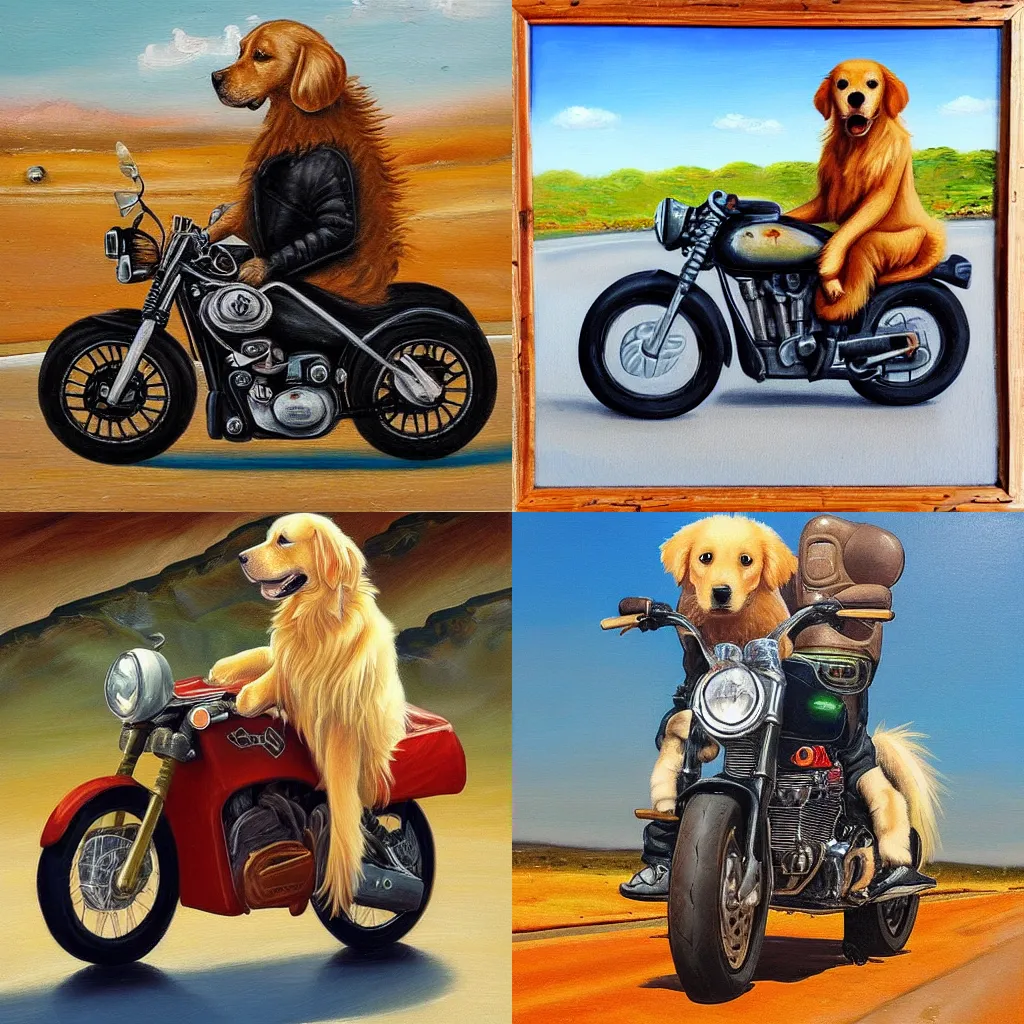 Prompt: “an English cream golden retriever riding a motorcycle wearing a leather jacket on a desert road, oil painting detailed 4k”