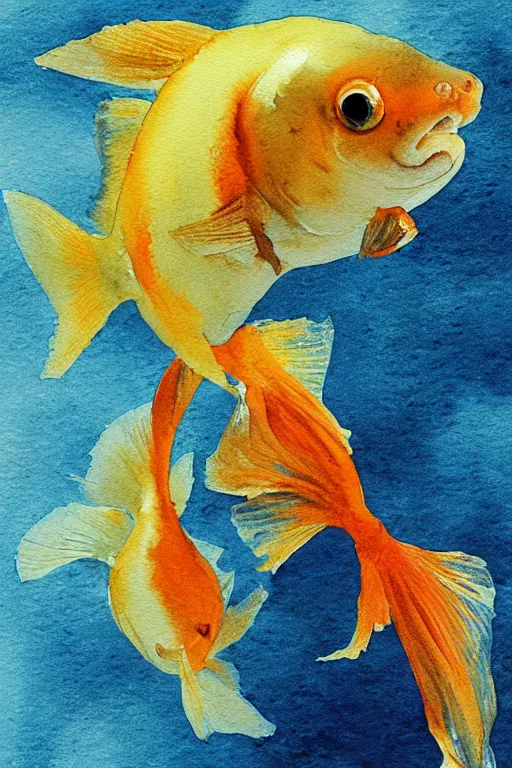 Prompt: wide angle scene of an award winning watercolor painting of a Siamese fighting goldfish, digital art