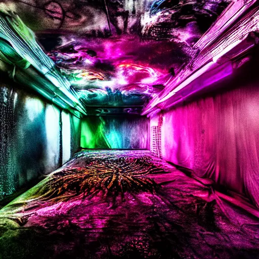 Prompt: big budget horror scene, chaos induce psychedelic colors, ultra definition, cinematic, professional lighting, liminal dark void craze, photograph by Lucifer