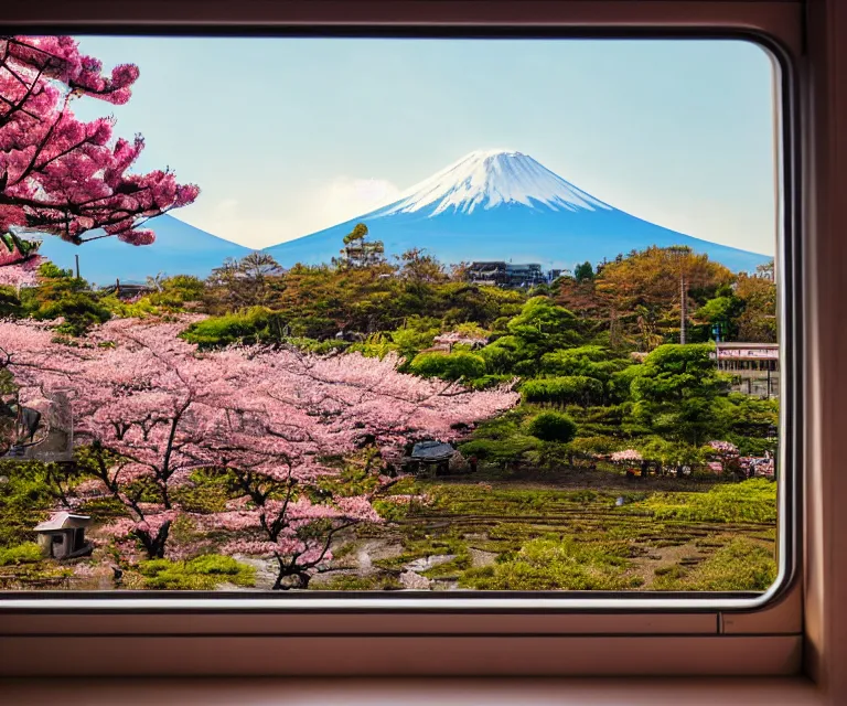 Prompt: a photo of mount fuji, japanese ladscapes, rice paddies, sakura trees, seen from a window of a train. cinematic lighting.