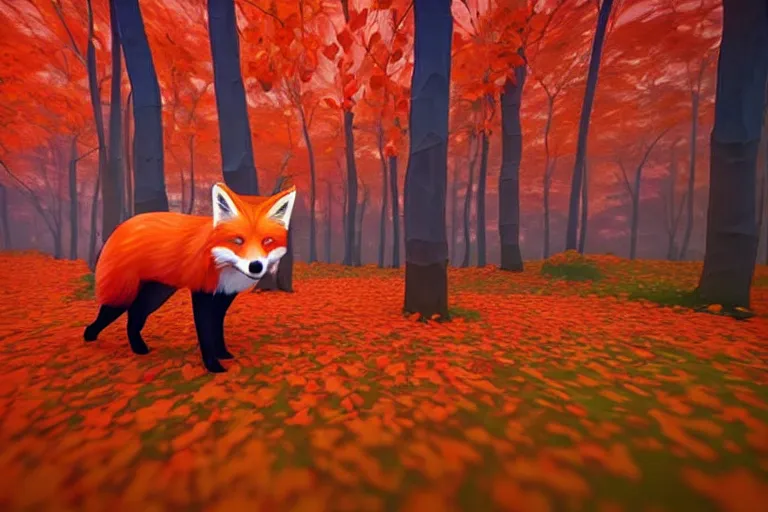 Image similar to super detailed color lowpoly art, red fox in an autumn maple forest, unreal engine, retrowave color palette, 3 d render, lowpoly, colorful, digital art, perspective