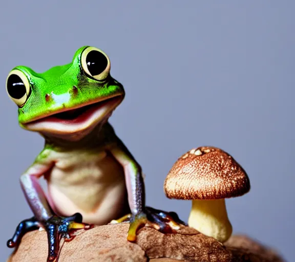 Image similar to photo of a cute frog, sitting on top of his cute mushroom friend, various poses, soft light, faded colors, well framed, sharp focus, 8 k